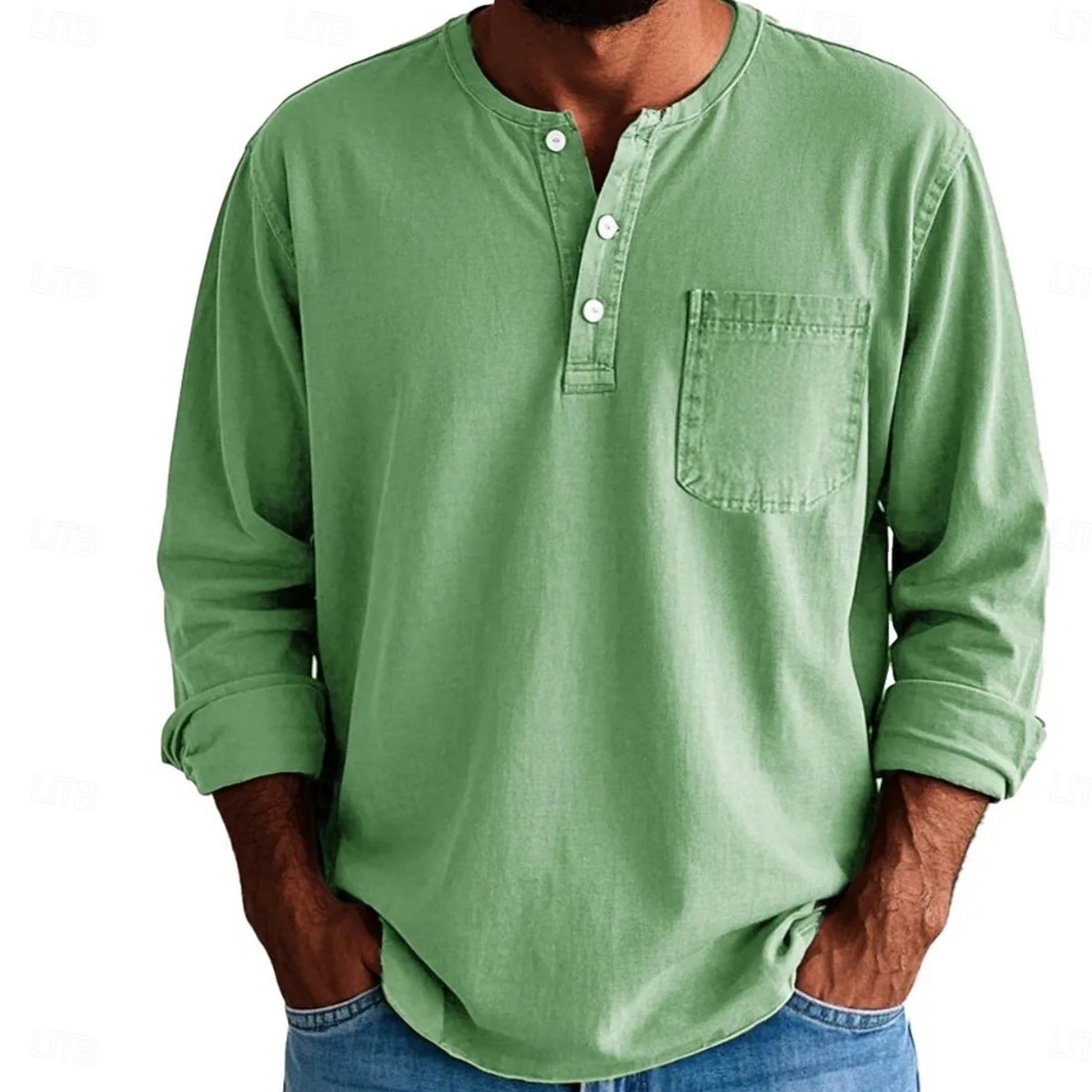 2026年 男性用 ヘンリーシャツ Tシャツ コットン100% アシッドウォッシュシャツ ヘンリートップ 長袖 純色 平織り ヴィンテージ ファッション レトロ風 色褪せた ボタン ヘンリー カジュアル 日常 アウトドア 夏 春 オールシーズン ブルー ダークレッド ブラック ヘンリーTシャツ  コレクション – $31.99 –P6
