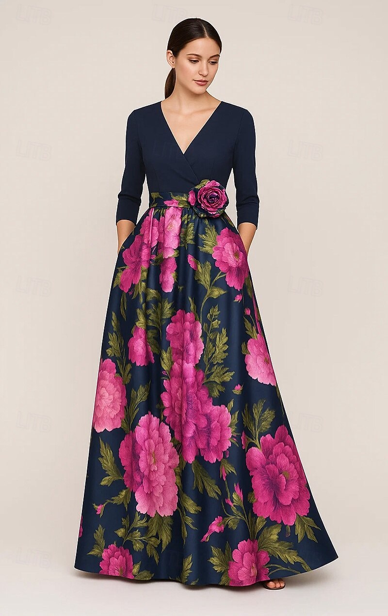 A-Line Floor Length Wedding Guest Dress Formal Dresses Flare Dress Evening  Gown Elegant Silky 3/4 Length Sleeve V Neck Wedding Formal Pocket Satin  Stretch Crepe with Floral Print 2026 - $179.99