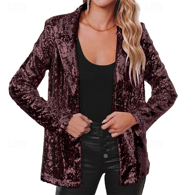 Pentru femei Jachetă cămașă Blazer Comfortabil Respirabil Sequin Modă Zilnic Simplu În aer liber Casual Zilnic Regulat Rever Fit regulat Manșon Lung Îmbrăcăminte exterioară Argintiu Negru Roșu Vin 2025 - $28.99 –P10