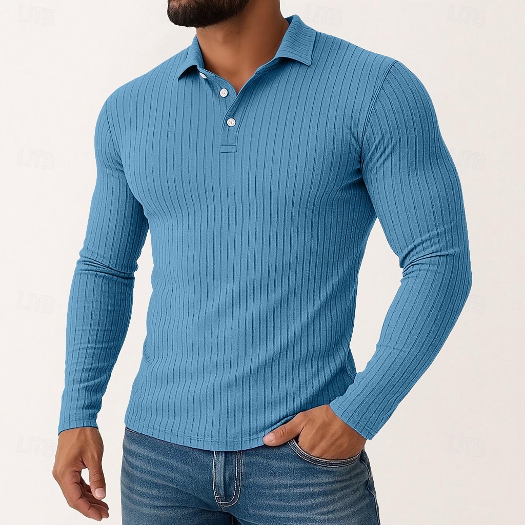 Herren Poloshirts Rippenstrick-Top Urlaub Straße Klassisch Langarm Mode Basic Einfach Stricken Frühling Herbst Winter Schmale Passform Schwarz Weiß Blau Violett Khaki Grau Poloshirts 2025 - $21.99 –P4