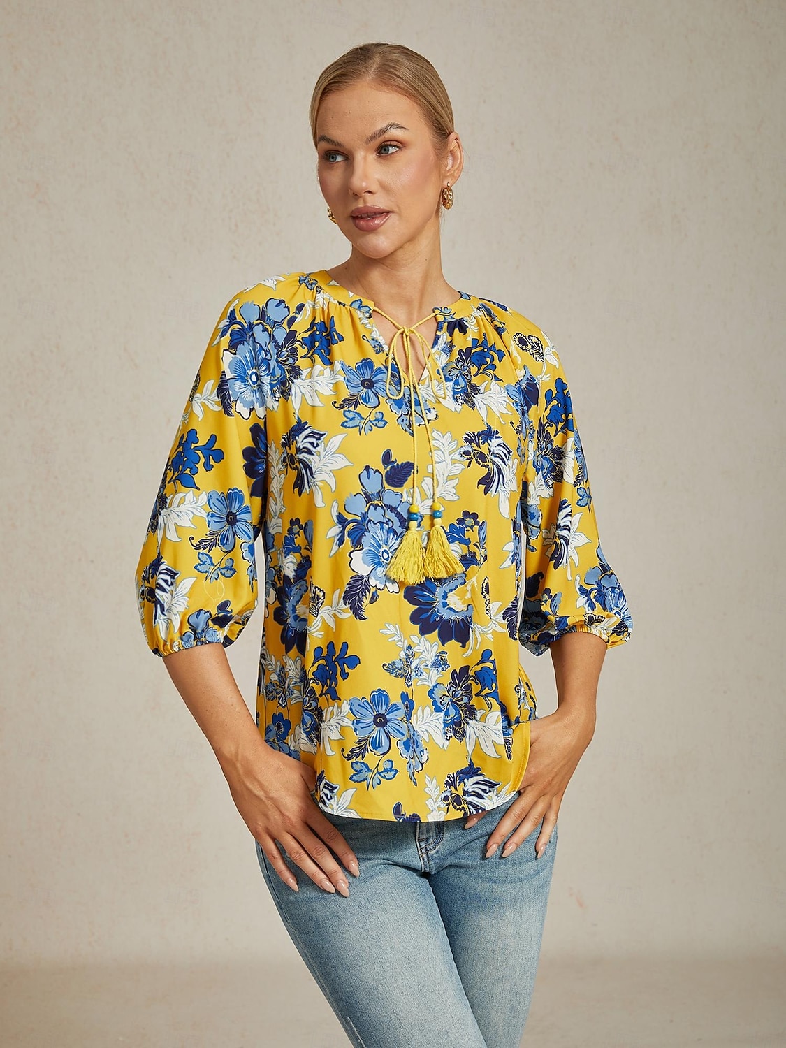 Per donna Femminile Camicia casual Floreale Casuale Corte Giallo Floreale Manica 3/4 Vacanza Scollo a V del 2026 a $67.99 –P2