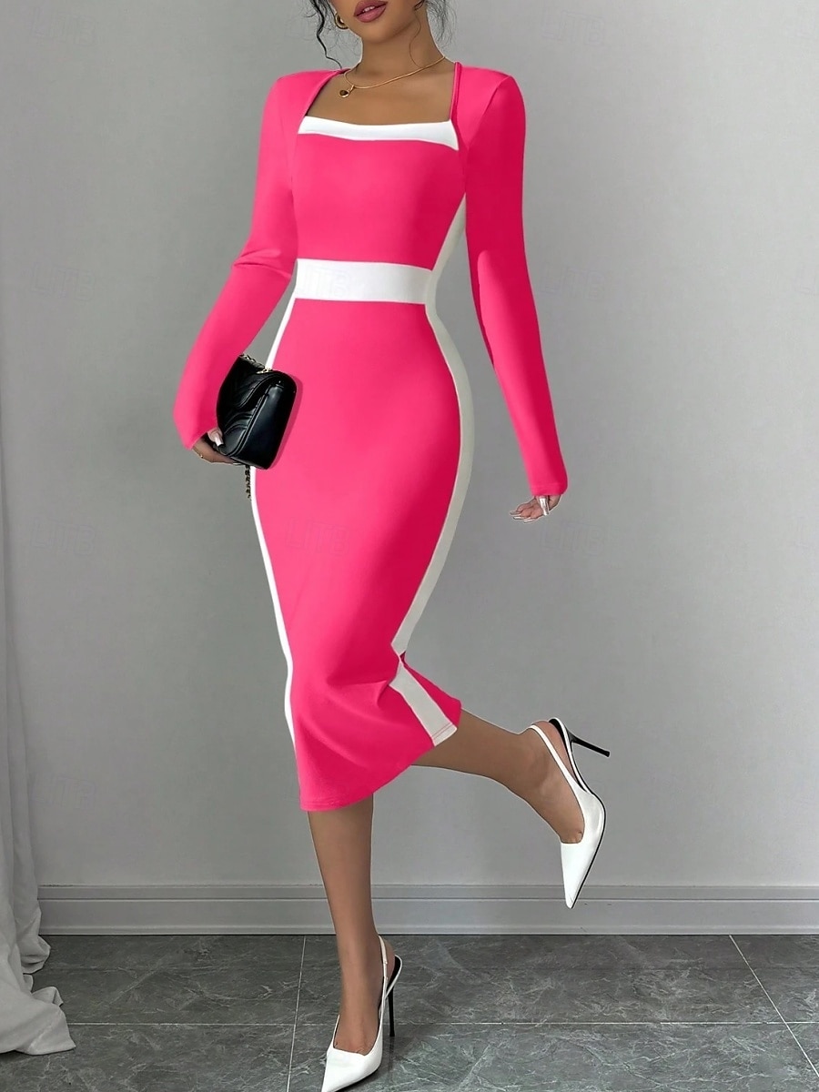 Dam Midiklänning Sheath Dress Ledigt Helgdag Utekväll Normal Randig Långärmad Fyrkantig hals Svart Fuchsia Mörkblå Vår Höst Vinter 2025 - $29.99 –P2