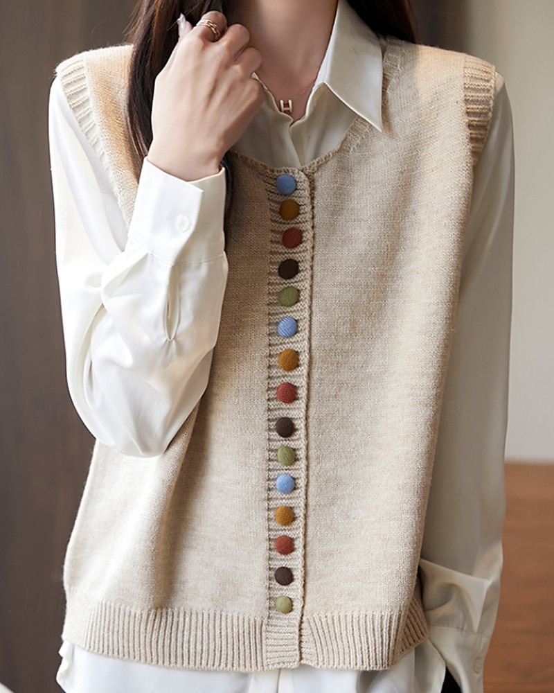 Women's Sweater Sweater Vest Streetwear Casual Solid Color Crew Neck Buttons Knitted Sleeveless Regular Tops Knit Daily Holiday Going out Black Red Fall Winter 2025 - $28.99 –P3