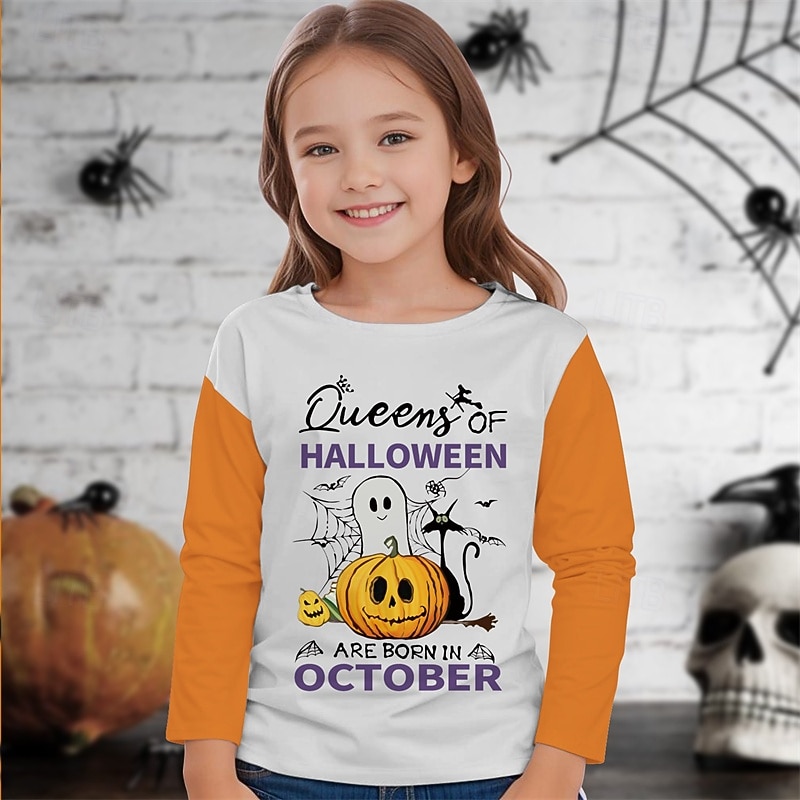 Halloween Tyttöjen 3D Kurpitsa T-paita Pitkähihainen Kevät Syksy Muoti Perus Lapset 4-12 vuotta Tiukka pyöreä kaula-aukko ulko- Kausaliteetti Päivittäin Normaali 2025 - $13.99 –P5