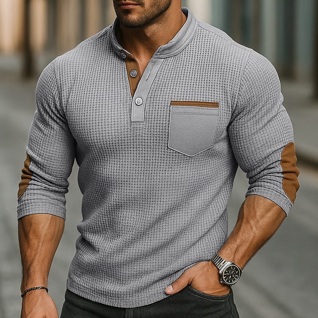 Herren Waffel-T-Shirt Waffel-Henley-Hemd Langarm Stehkragen Frühling & Herbst Ganzjahres Einfarbig Mode Basic Lässig Taschen Falscher Zweiteiler Straße Lässig Sport Schwarz Marineblau Armeegrün Top 2025 - $21.99 –P1