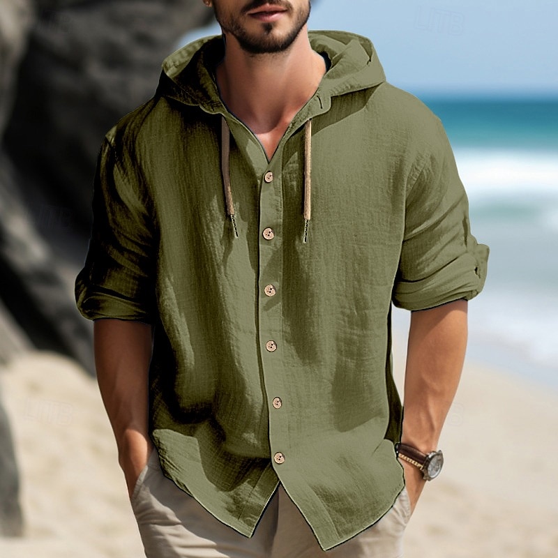 Per uomo Camicia Camicia di lino Camicia in calicò Camicia con cappuccio Semplice Vacanza Casuale Nero Bianco Blu Verde Manica Lunga Con Cappuccio Primavera & Estate Abbigliamento Bottoni del 2026 a $29.99 –P5