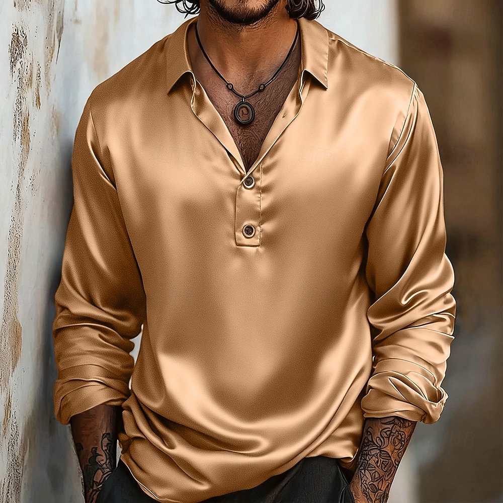 Herren Hemd Satinhemd Freizeithemd Knopfhemd Schwarz Blau Gold Grau Langarm Einfach Revers Outdoor Urlaub Button-Down Bekleidung Elegant Mode Geschäftlich Zur Seite fahren 2025 - $23.99 –P5