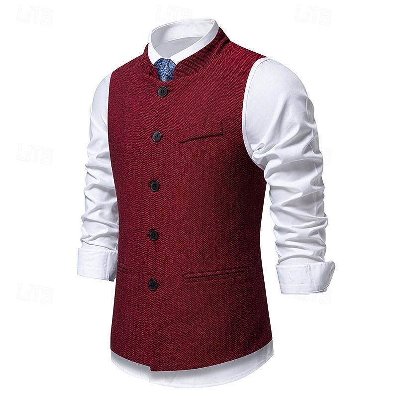 Herren Weste Gilet Urlaub Party Geschäft Mode Lässig Frühling Herbst Tasche Knöpfe Polyester Bequem Karomuster Streifen Einreihig Ein-Knopf Stehkragen Normale Passform Wein Marineblau Dunkelgray 2026 - $35.99 –P6