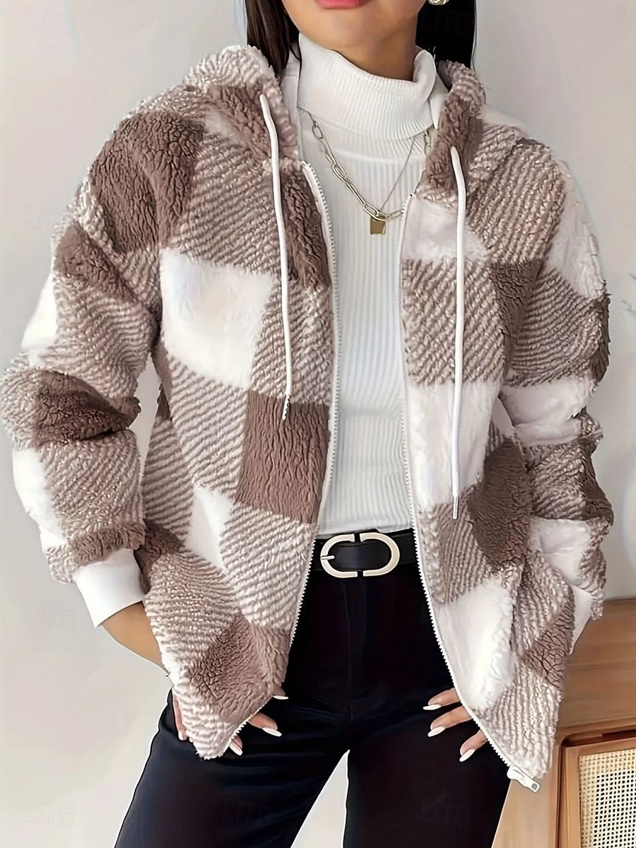 Жен. Флисовая жилетка Пальто тедди Удобный Дышащий Карман Пуговицы С принтом На каждый день В клетку Отпуск Для улицы Повседневные На каждый день Молния Обычная Капюшон Стандартный Длинный рукав 2025 - $43.99 –P1