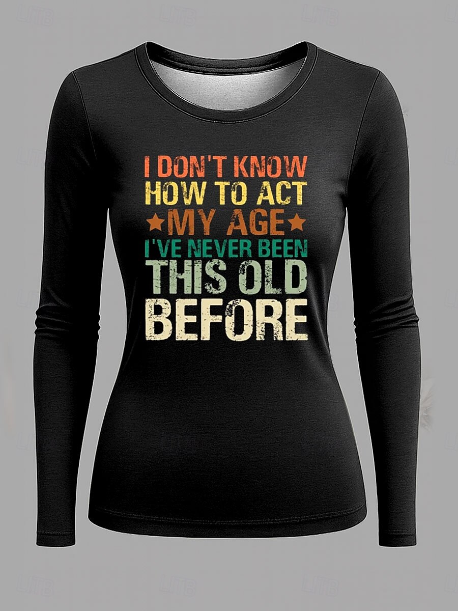 Femmes T-shirt Graphique Lettre ancien Mode Élégant manche longue Col ras du cou Hauts Réguliers Quotidien Week-end Imprimé Noir Printemps Automne de 2025 ? $22.99 –P1