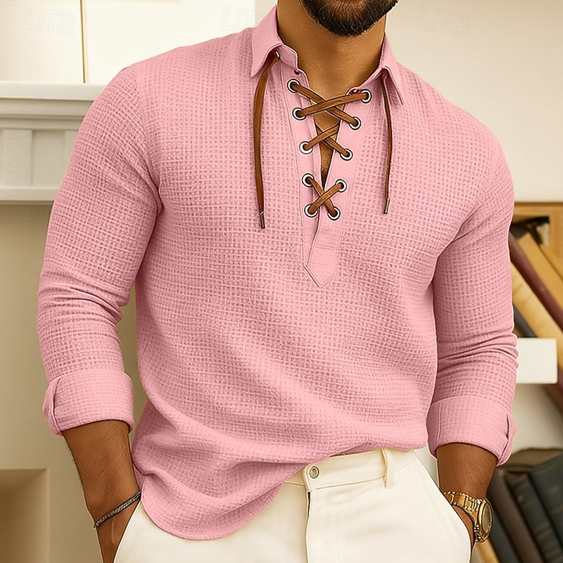 Herren Hemd Sommerhemd Freizeithemd Knopfhemd Waffelstrickhemd Schwarz Rosa Blau Grün Langarm Einfach Revers Urlaub Lässig Kordelzug Bekleidung Mode Lässig Bequem 2025 - $23.99 –P4