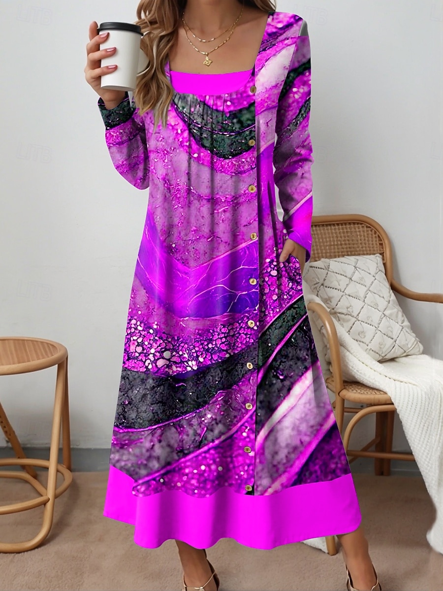 Femmes Robe Midi Robe fourreau Occasionnel Quotidien Coupe régulière Graphique Abstrait manche longue Col carré Jaune Bleu Violet Vert Automne Hiver de 2025 ? $36.99 –P4