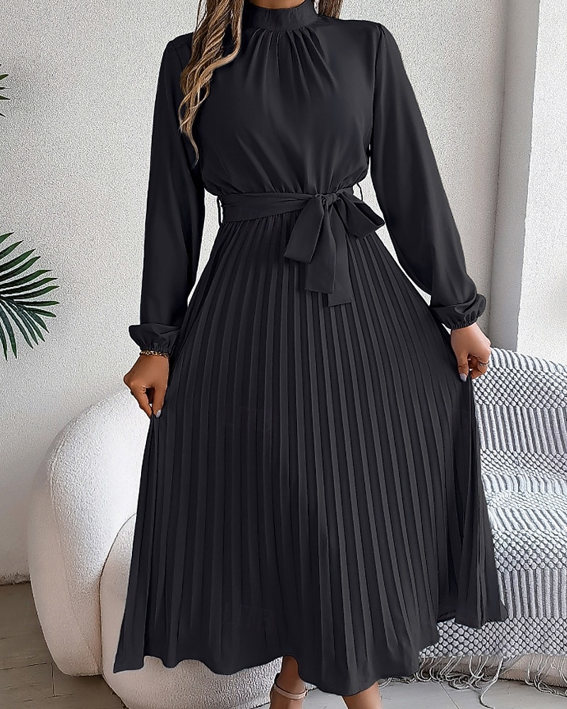 Mulheres Vestido midi vestido de cetim Vestido de festa Vestido Coquetel Vestido franzido Elegante Moderno Festa de Noite Festa Encontro Normal Tecido Manga Longa Colarinho Chinês Preto Rosa Vinho de 2026 por $31.99 –P19