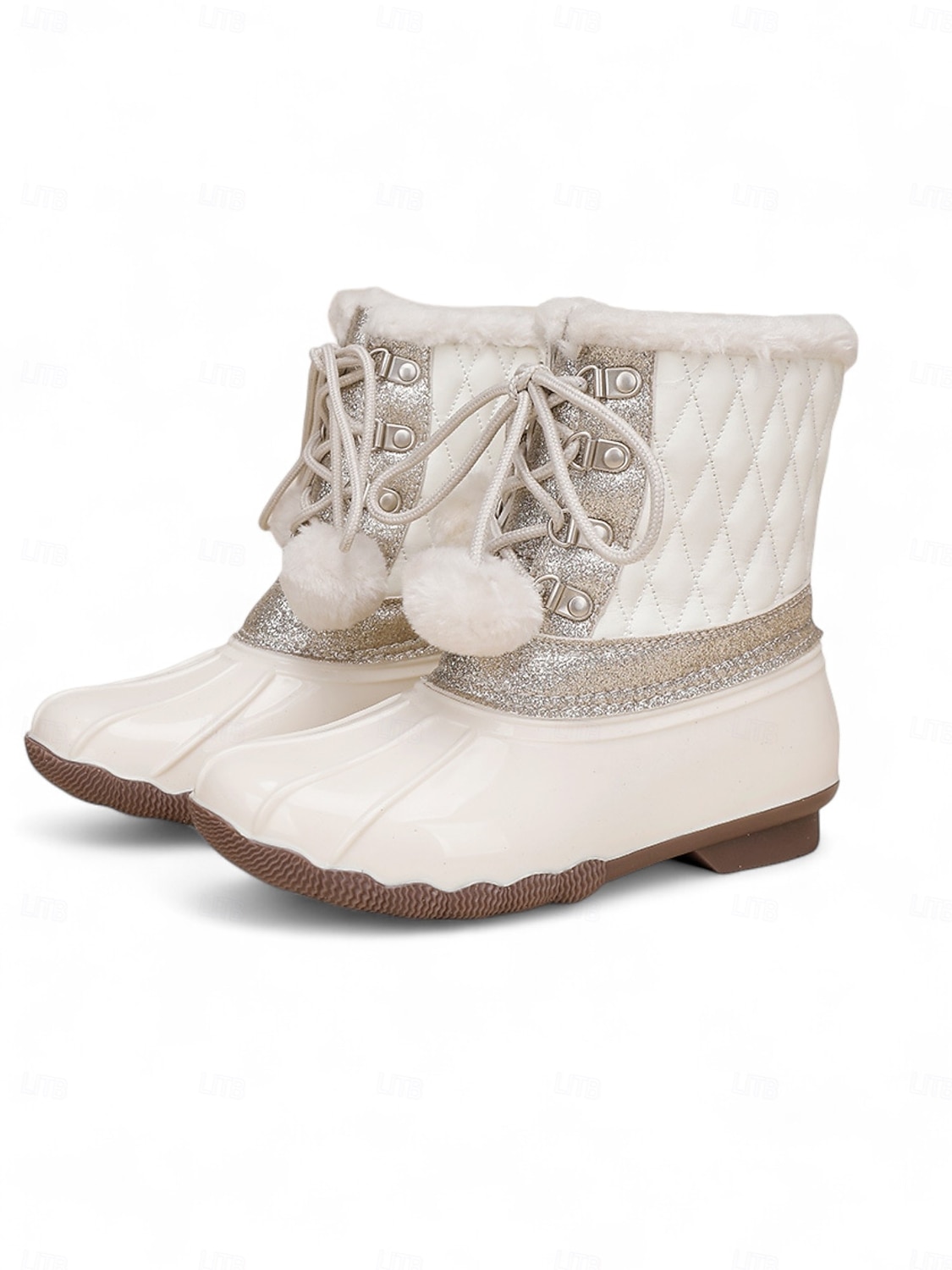 2025年 女の子の冬用スノーブーツ - フェイクファーの裏地、グリッターのディテール、ポンポンのレースが付いた暖かいキルティングアンクルブーツで、アウトドアに最適です。  コレクション – $46.99 –P1