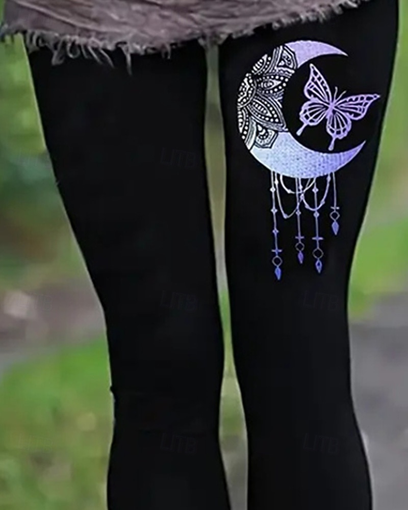 2026年 女性用 バイキング チノパン レギンス 心地よいレギンス 旅行度假风 ベーシック カジュアル 全長 ハイウエスト バタフライ MOON プリント 保温 快適 伸縮性あり カジュアル 日常 ストリート ブラック 秋 冬 スリムフィット  コレクション – $21.99 –P2