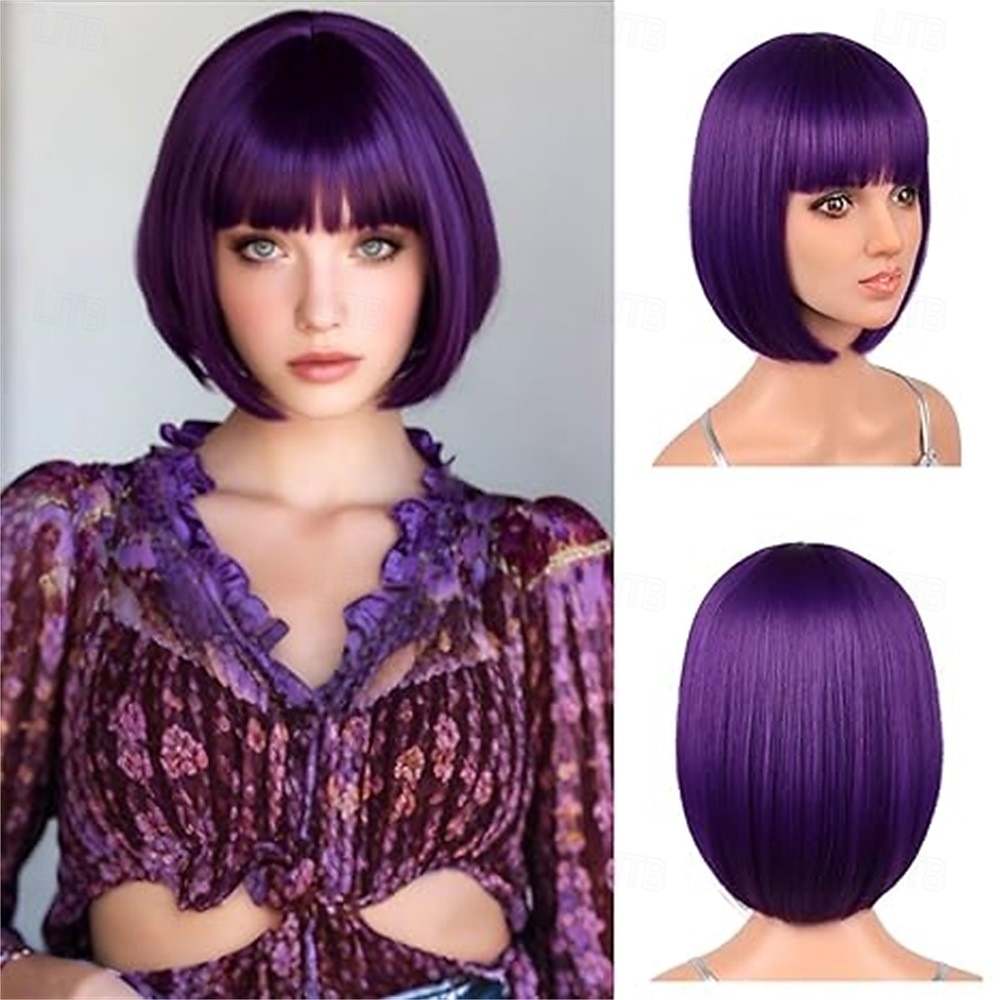 12-calowa krótka peruka typu bob w kolorze różowo-fioletowym z grzywką, kolorowa peruka na Halloween, codzienny cosplay &Peruki imprezowe odporne na ciepło, proste, syntetyczne, cosplay, 2025 - $16.49 –P3
