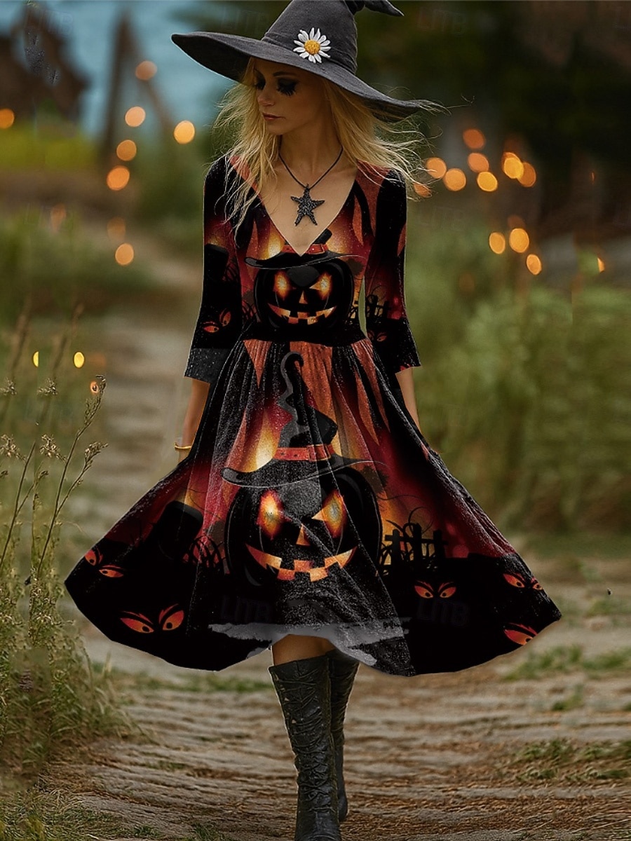Halloween Damen Midi Kleid mit Hexen-Print A-Linie Kleid Urlaub Party Casual Party Regulär Passform Grafik Kürbis Langarm V-Ausschnitt Schwarz Lila Orange Braun Frühling Herbst 2025 - $36.99 –P2