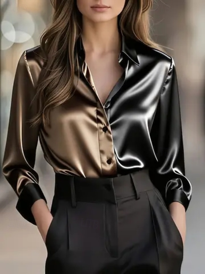 Damen Elegant Satin Bluse Einfach Elegant Täglich Langarm V Ausschnitt Normale Oberteile Täglich Knöpfe Rote Grün Khaki Grau Herbst 2025 - $25.99 –P2