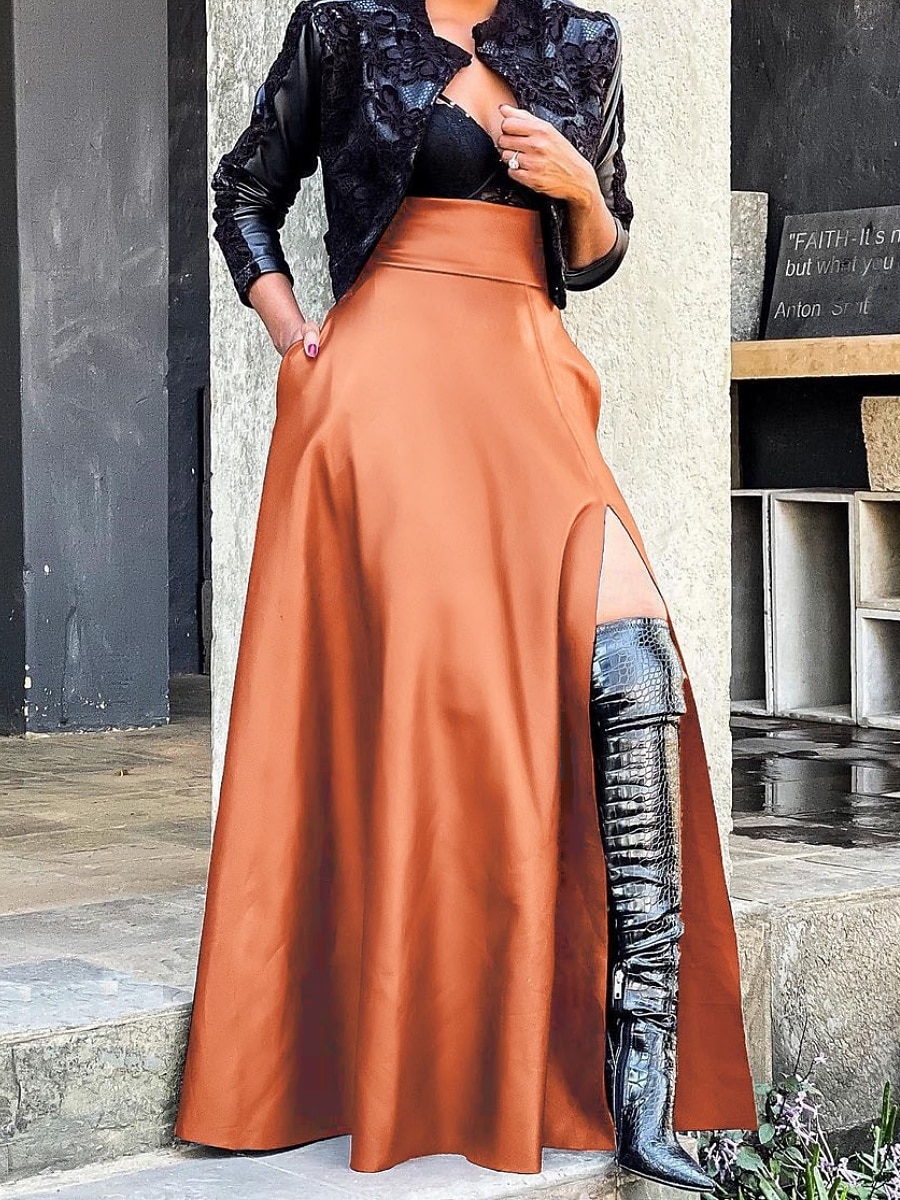 Pentru femei Elegant Modă Casual Maxi Talie Înaltă Fuste Simplu Varfuri despicate Inelastic Zilnic Petrecere Roșu Vin Negru Roz Îmbujorat Maro Primăvară 2026 - $48.99 –P4