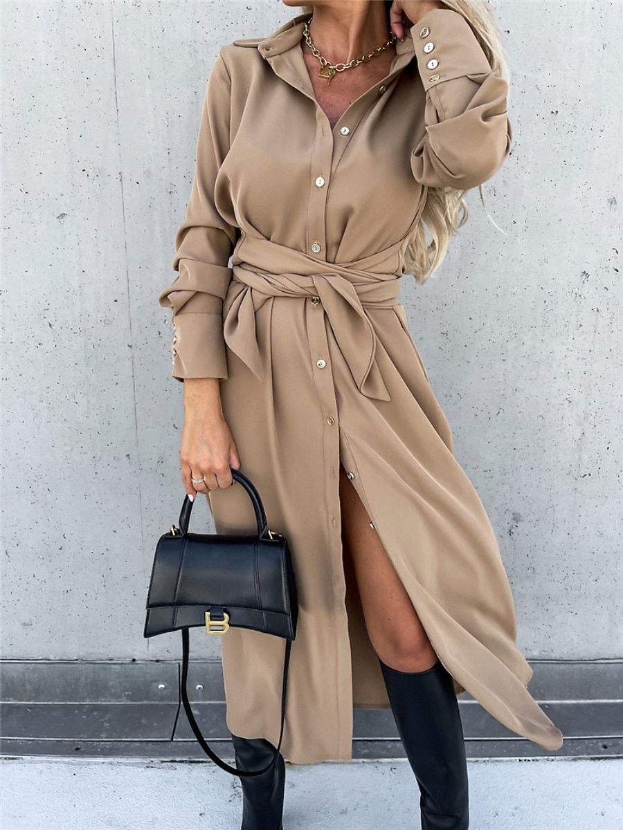 Femmes Robe Midi Robe trapèze Occasionnel Quotidien Coupe régulière Uni manche longue Revers Noir Rouge Vert Abricot Printemps Automne Hiver de 2025 ? $31.99 –P2