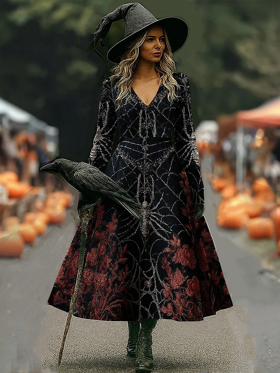 Halloween Per donna Abito maxi Abito a trapezio Vacanza Casual Boho Spiaggia Vestibilità regolare Floreale Grafico Manica Lunga Scollo a V Nero Rosso scuro Vino Rosso Primavera Autunno del 2025 a $35.99 –P2