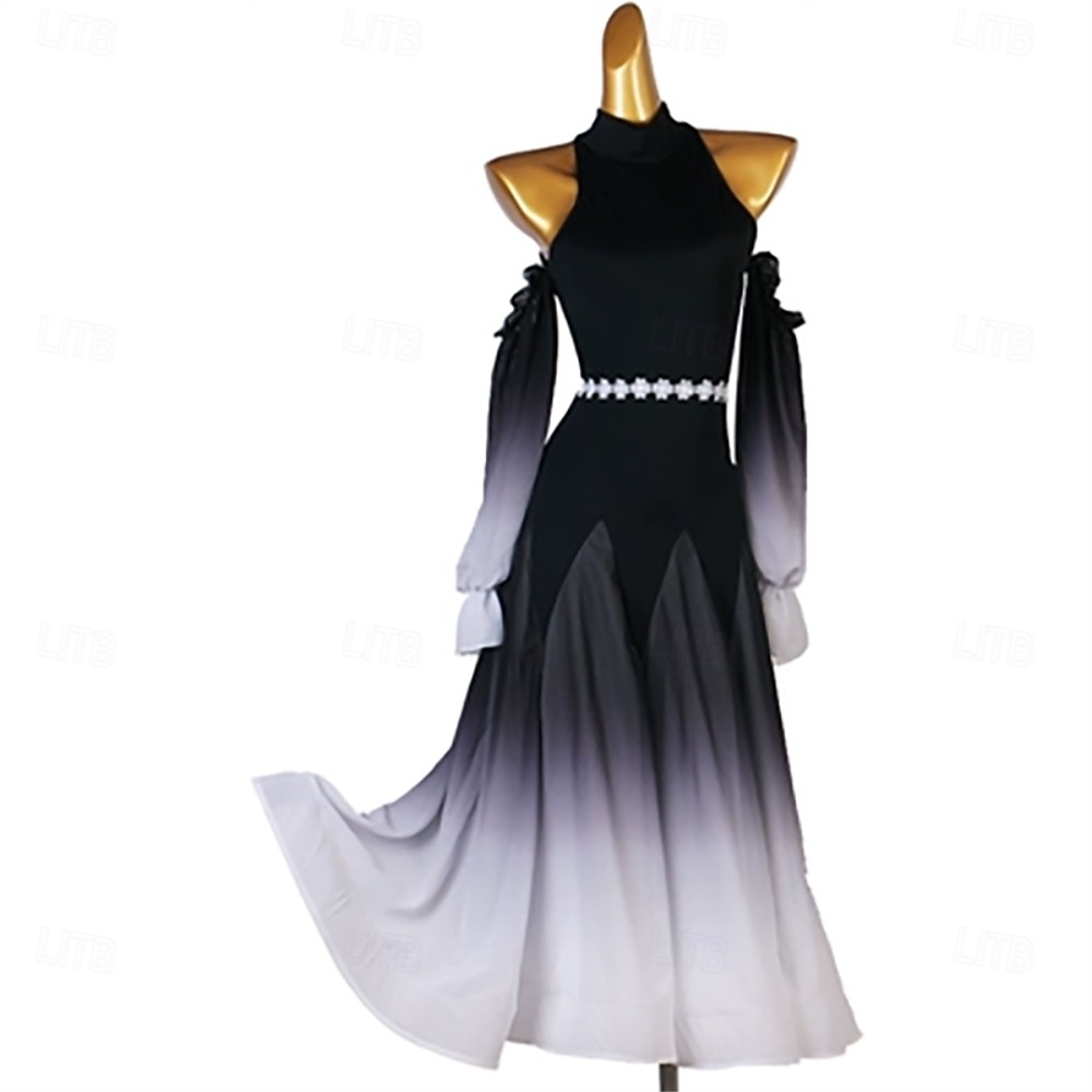 abito da ballo da sala da donna viola sfumato con maniche fluenti, cintura in vita e scollo all'americana, perfetto per balli latini, tango e performance del 2026 a $172.99 –P9