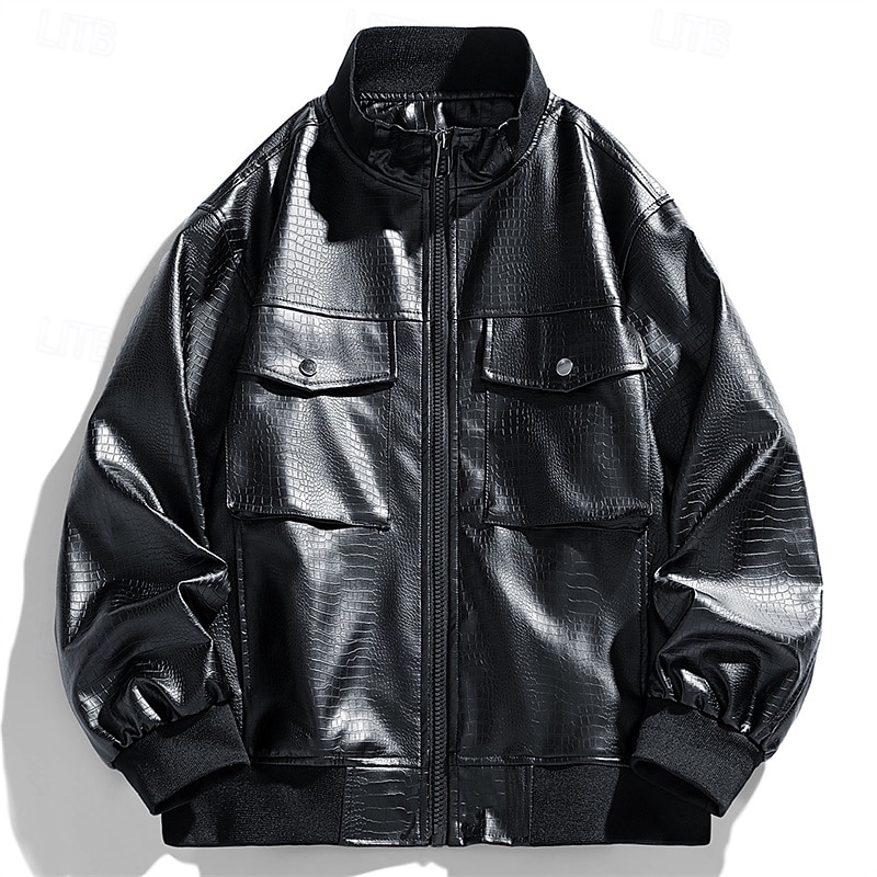 Men's Faux Leather Jacket Biker Jacket Motorcycle Jacket Vacation Daily Windproof Pocket Spring Fall Plain Fashion Classic Stand Collar Regular Black Red Jacket 2026 - $48.99 –P3