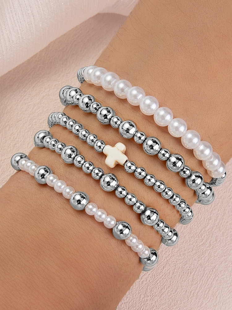 Women's Pearl and Gold Bead Bracelet Set – 6Pcs Stretch Layered Beaded Bangles, Elegant Fashion Jewelry for Parties, Weddings & Daily Wear 2026 - $7.99 –P2