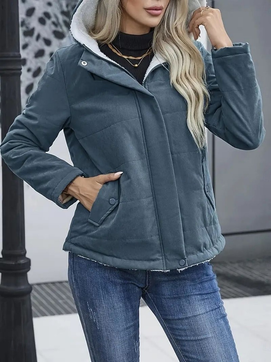 Dam Vinterkappa Fleece-jacka Bekväm Andningsfunktion Ficka Ledigt Slät Semester Gata Ledigt Dagliga kläder Dragkedja Normal Huva Normal Långärmad Ytterkläder Svart Blå Kaki Vår Höst 2025 - $35.99 –P14