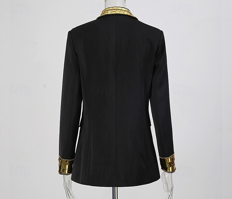 Blazer sur mesure pour femme, veste structurée à paillettes dorées, double boutonnage, formel, élégant, revers en pointe, poche à rabat, boutons recouverts uniquement sur le dessus de 2025 ? $124.99 –P5