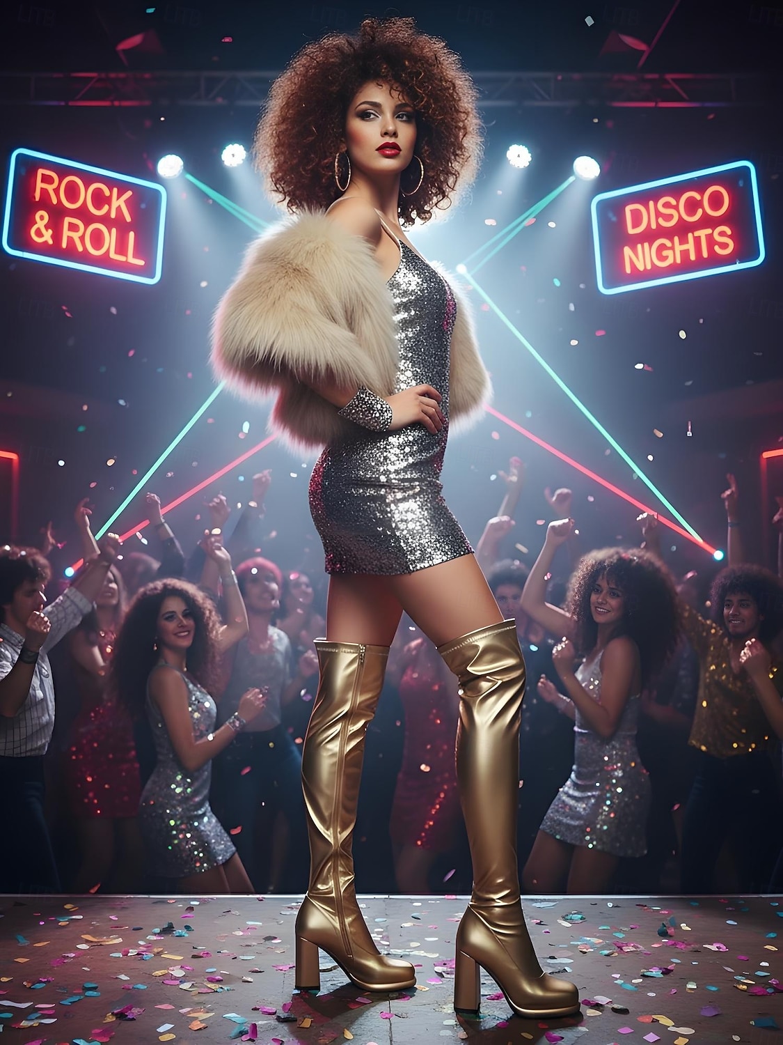 Women's 1980s Disco Gold Metallic Thigh-High Boots with Block Heel
