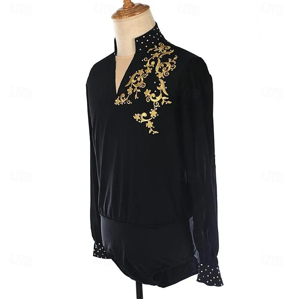 Figure Skating Top Men's Boys' Ice Skating Tops Black Patchwork Spandex High Elasticity Training Competition Skating Wear Classic Crystal / Rhinestone Long Sleeve Ice Skating Figure Skating 2025 - $338.09 –P4