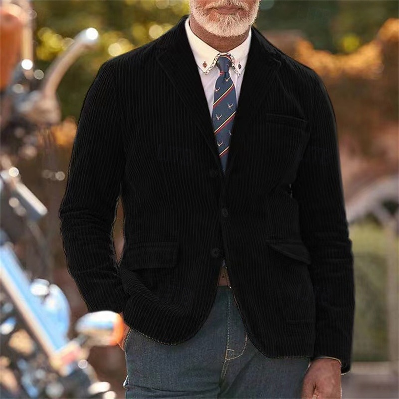 Per uomo Blazer in velluto a coste Blazer Affari Cocktail party Ricevimento di matrimonio Moda Casual Primavera Autunno Poliestere Semplice Tasca Bottoni Confortevole Monopetto Giacca Nero Kaki Verde del 2025 a $39.99 –P6