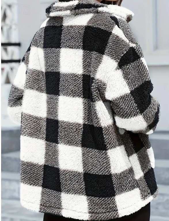 Damen Fleecejacke Bequem Atmungsaktiv Tasche Knöpfe Druck Mode Lässig Karomuster Urlaub Straße Lässig Alltagskleidung Einreihig Regulär Umlegekragen Normale Passform Langarm Oberbekleidung Schwarz 2025 - $29.99 –P2