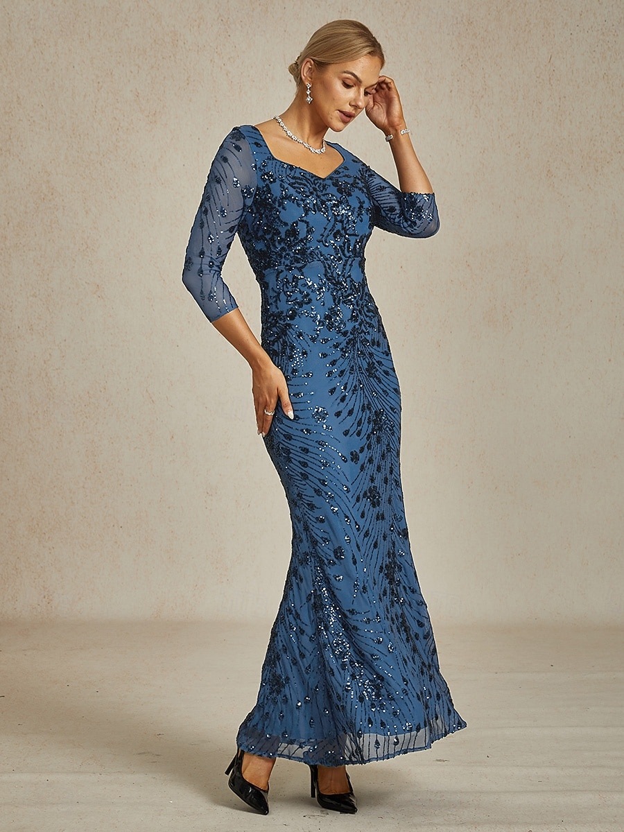 Damen Pailletten Maxikleid Etuikleid Trompete Meerjungfrau Kleid Bodycon Kleid Elegant Formal Cocktailabend Feier Floral 3/4 Länge Ärmel V-Ausschnitt Pfauenblau Frühling Herbst Winter 2025 - $199.99 –P6