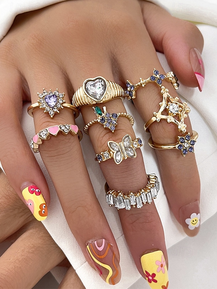 Women's Alloy Ring Set with Heart, Butterfly, and Star Designs, Fashion Boho Stackable Rings for Parties, Weddings and Everyday Wear 2025 - $11.99 –P1