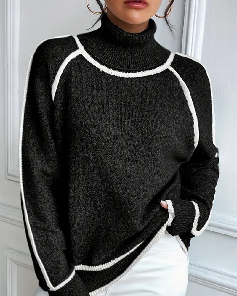 Dame Genser Gatemote Fritid Fargeblokk Rullekrage Lapper Strikket Langermet Vanlige topper Strikke utendørs Daglig Ut på byen Svart Gul Høst Vinter 2025 - $38.99 –P5