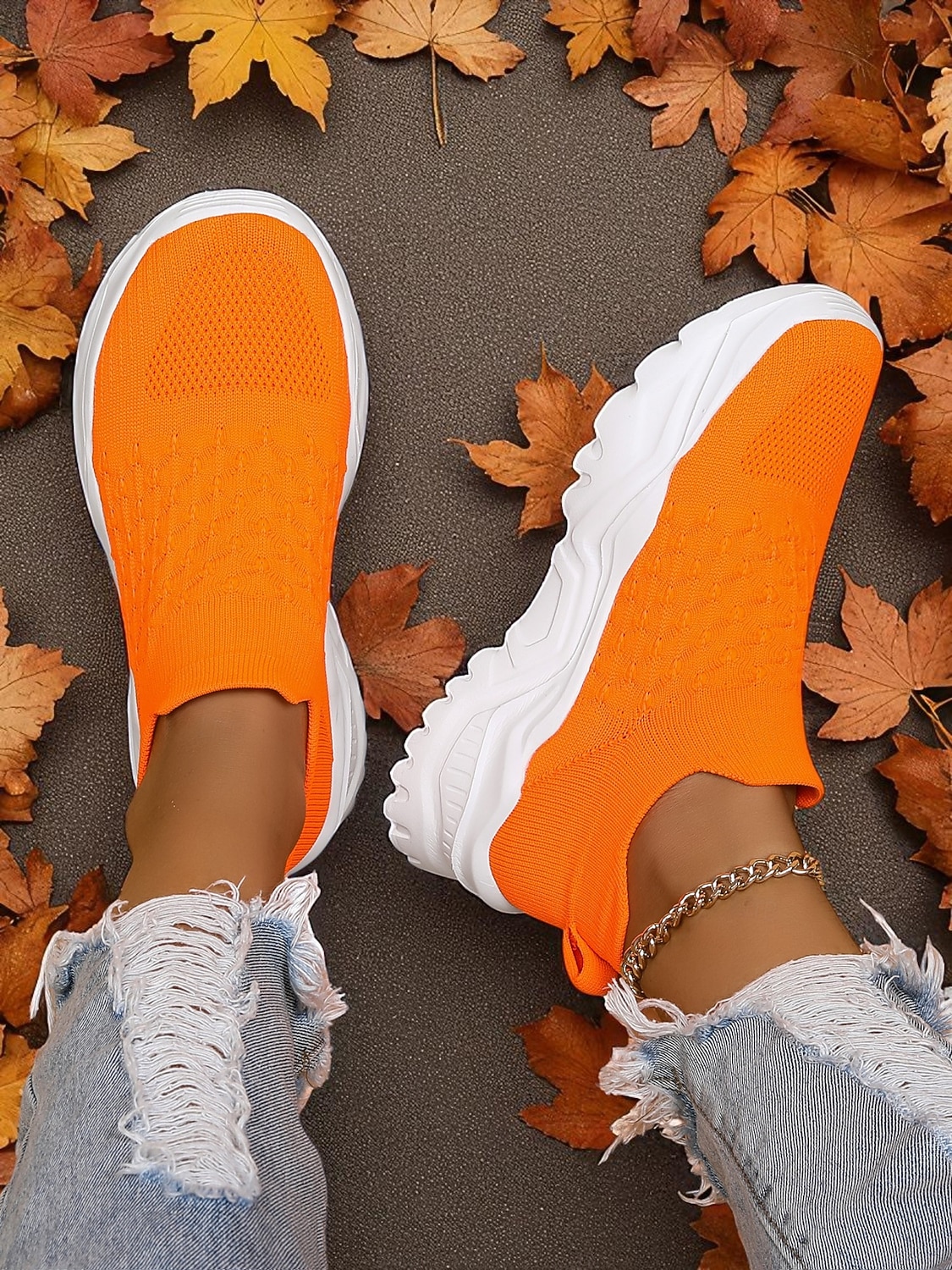 Women's Orange Slip-On Flyknit Sneakers – Breathable Mesh Lightweight Walking Shoes with Chunky Sole for Casual and Sport 2026 - $34.99 –P2