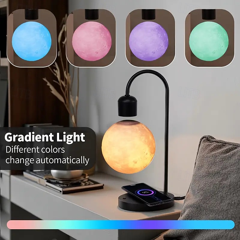 Magnetic Levitation Moon Lamp Desktop Lamp 15W Wireless Phone Charger 3-Color Adjustable 3D Touch-Sensitive Moonlight Ambient Night Light 2025 - $105.99 –P3