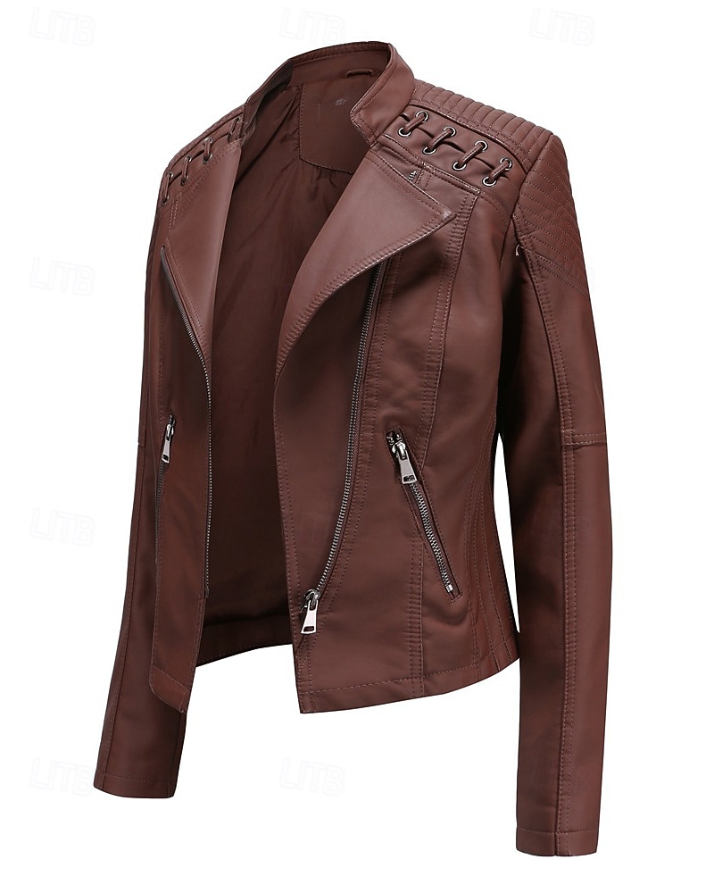 Per donna Giacca in Ecopelle Confortevole Cerniera Tasca Casual Semplice Vacanza Abbigliamento quotidiano Uscire Weekend Regolare Collo ripiegato Vestibilità regolare Manica Lunga Capispalla Nero del 2025 a $53.99 –P1