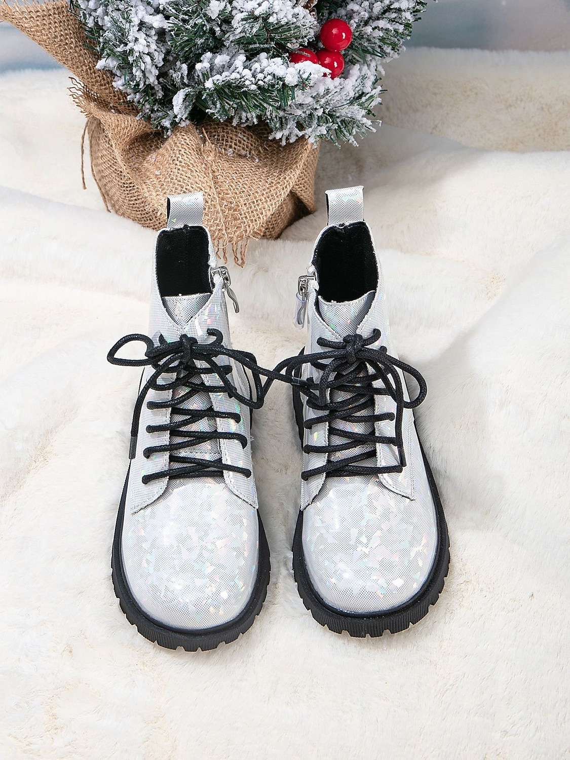 Korealaisesta idolista inspiroituneet poptähden naamiaiskengät tyttöjen hopeanväriset kimaltelevat maiharit nauhoilla, sivuvetoketjulla ja liukumattomalla pohjalla, talvimuodin mukaiset kengät 2026 - $42.99 –P2