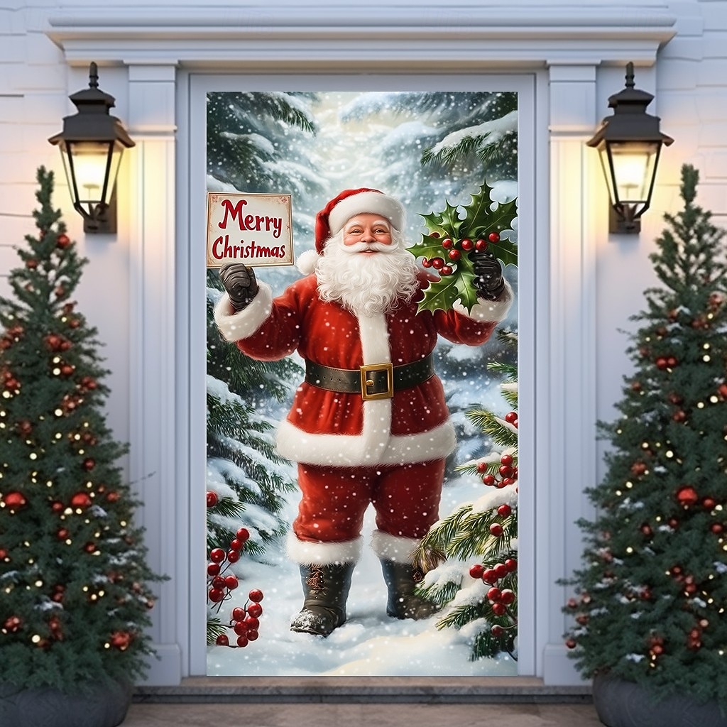 Couverture de porte de Noël rideau de porte du Père Noël classique tenant un panneau du Pôle Nord banderole d'entrée vintage de Noël 2025 pour fête et décoration extérieure de 2025 ? $18.99 –P1