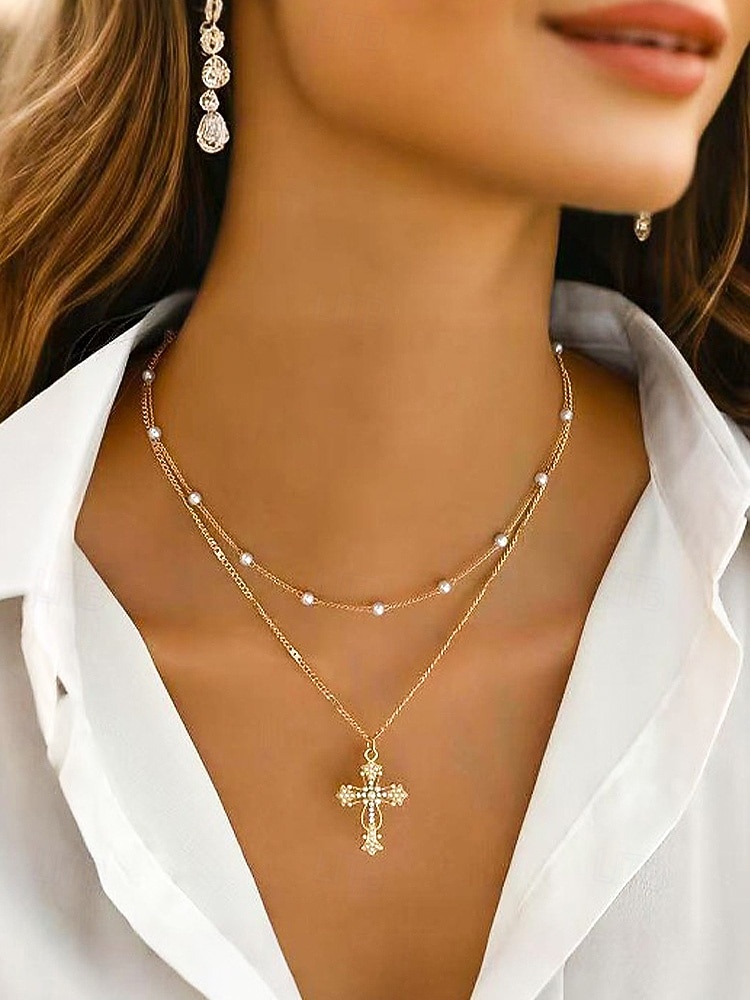 Collar de cruz navideña para mujer, cadena de oro en capas con colgante de perla y diamantes de imitación, elegante joyería navideña para fiestas, bodas y regalos. 2026 - $5.99 –P2