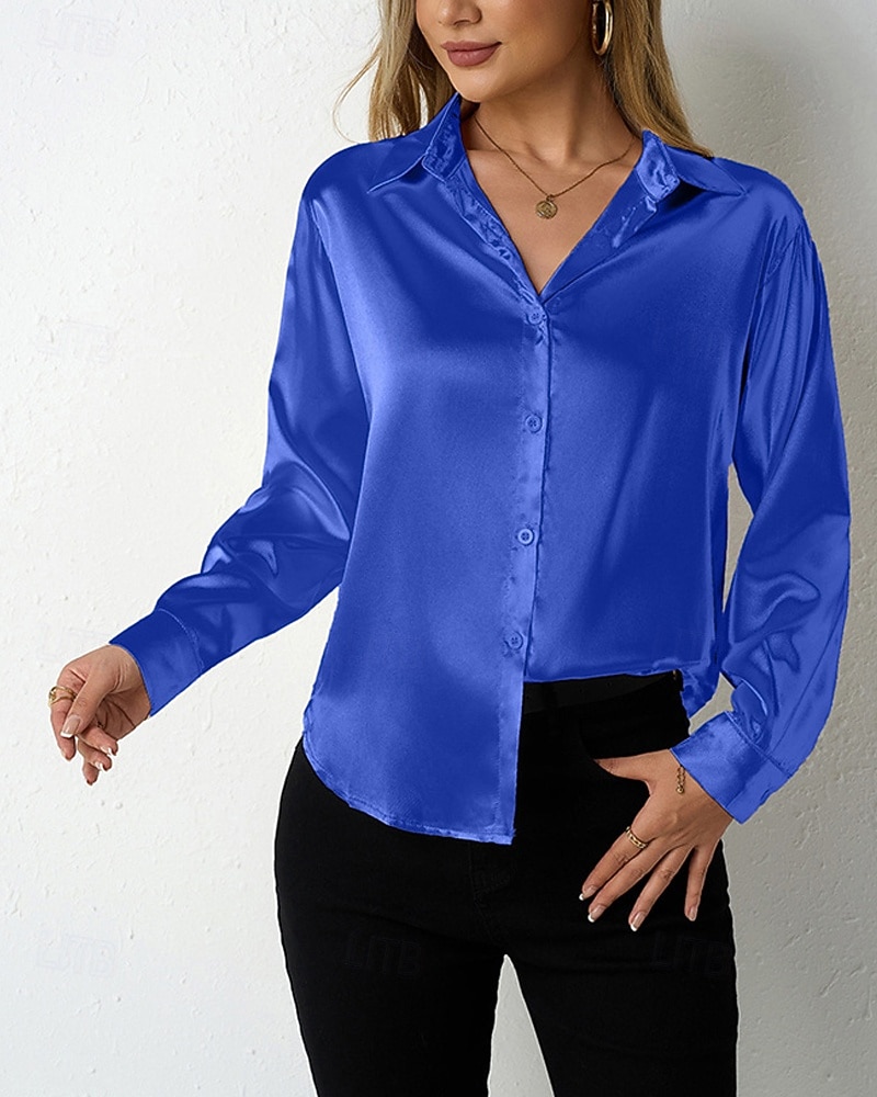 Damskie Koszula Elegancki Szykowny Top satynowy Guziki Równina Elegancki Codzienny Długi rękaw Kołnierzyk koszuli Zwykłe topy Codzienny Wyjściowe Czarny Czerwony Granatowy Królewski błękit Beżowy 2026 - $27.99 –P14