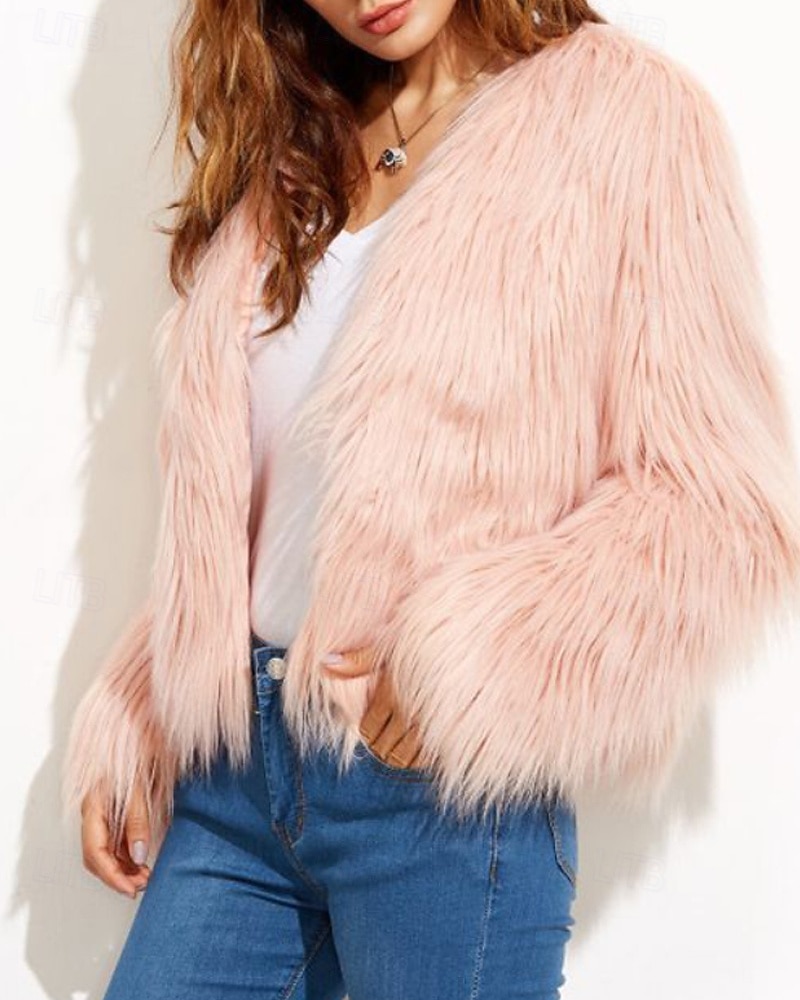 Damen Kunstpelzmantel Warm Bequem Pelze & Leder Mode Einfach Urlaub Straße Ausgehen Wochenende Regulär Rundhalsausschnitt Normale Passform Langarm Oberbekleidung Schwarz Weiß Rosa Herbst Winter 2025 - $39.99 –P1