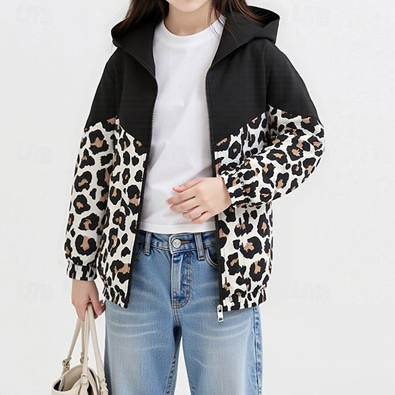 Barn Flickor Vandringsjacka Friluftsjacka Kappa Leopard Mode Dragkedja Ficka Vindtät Utomhus Täcka Ytterkläder 4 år + Vår Vit+Svart 2025 - $20.99 –P1