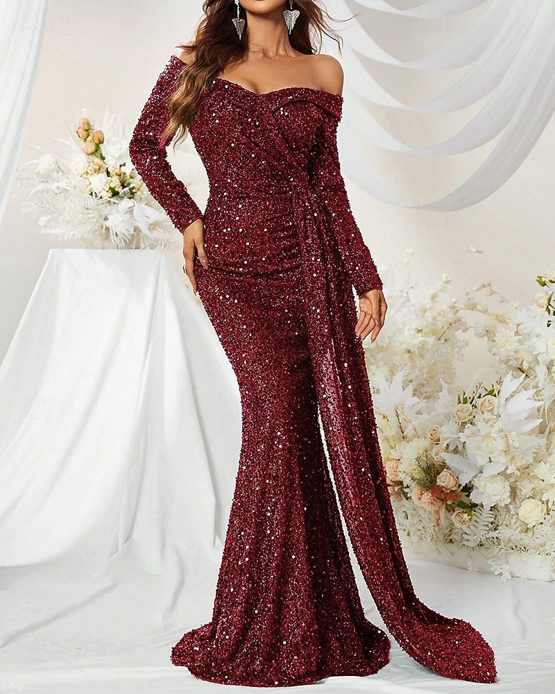 Sereia Vestidos de noite Elegante Traje formal Formal Casamento Cauda Escova Manga Longa Ombro a Ombro Renda com Pregas Franzido 2025 de 2025 por $164.99 –P4