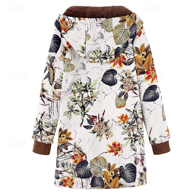 Damen Wintermantel Mantel Kapuzenjacke Warm Bequem Tasche Knöpfe Lässig Blumen Urlaub Ausgehen Wochenende Regulär Kapuzenpullover Normale Passform Langarm Oberbekleidung Weiß Gelb Rote Herbst Winter 2025 - $39.99 –P10
