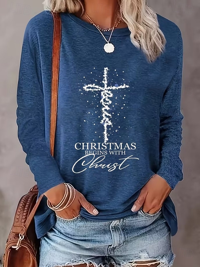 Noël Femmes T-shirt Graphique Lettre Croix ancien Mode Élégant manche longue Col ras du cou Col rond Hauts Réguliers Quotidien Week-end Imprimé Noir Jaune Rouge Bleu Printemps Automne Hiver de 2025 ? $26.99 –P5