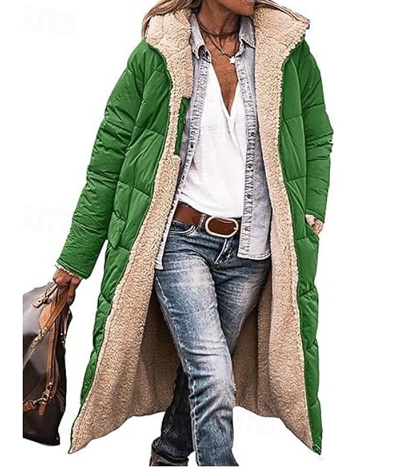 Women's Winter Coat Windproof Warm Open Front Vintage Daily Casual Plain Vacation Casual Daily Open Front Long Hooded Regular Fit Long Sleeve Outerwear Pink Blue Green Fall Winter 2025 - $48.99 –P1